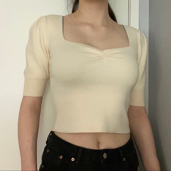 Urban Outfitters Sweaters - Cream Puff Sleeve Sweetheart Neckline Sweater